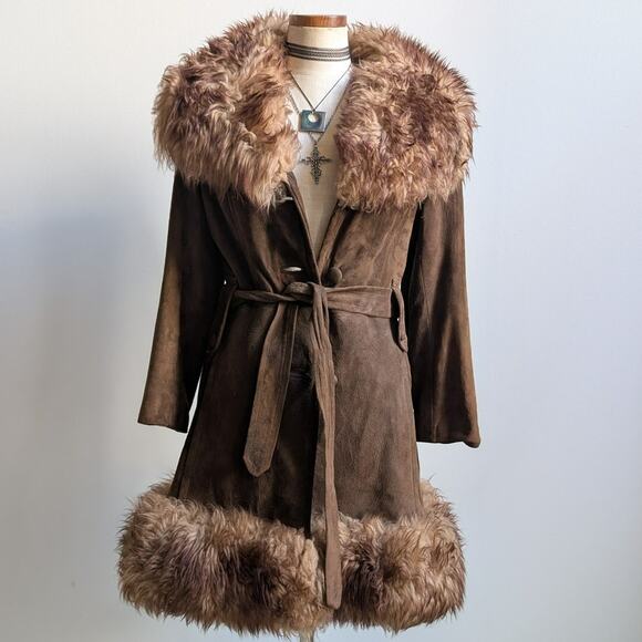 Vintage Brown Suede Fur Trim Penny Lane Jacket Genuine Leather Trench Coat Small - Picture 1 of 11